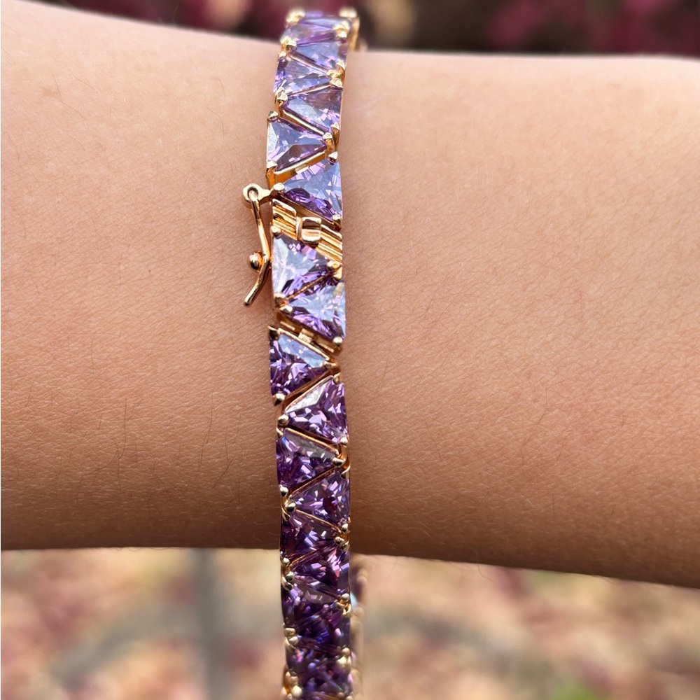 Rare Vintage Purple CZ Trillion Cut Tennis Bracelet 925 Gold Vermeil 7.5” - Picture 2 of 3
